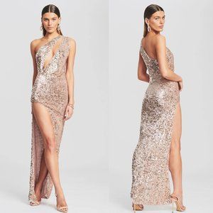 Retrofete Rose Gold Sequin One-Shoulder Maxi Dress